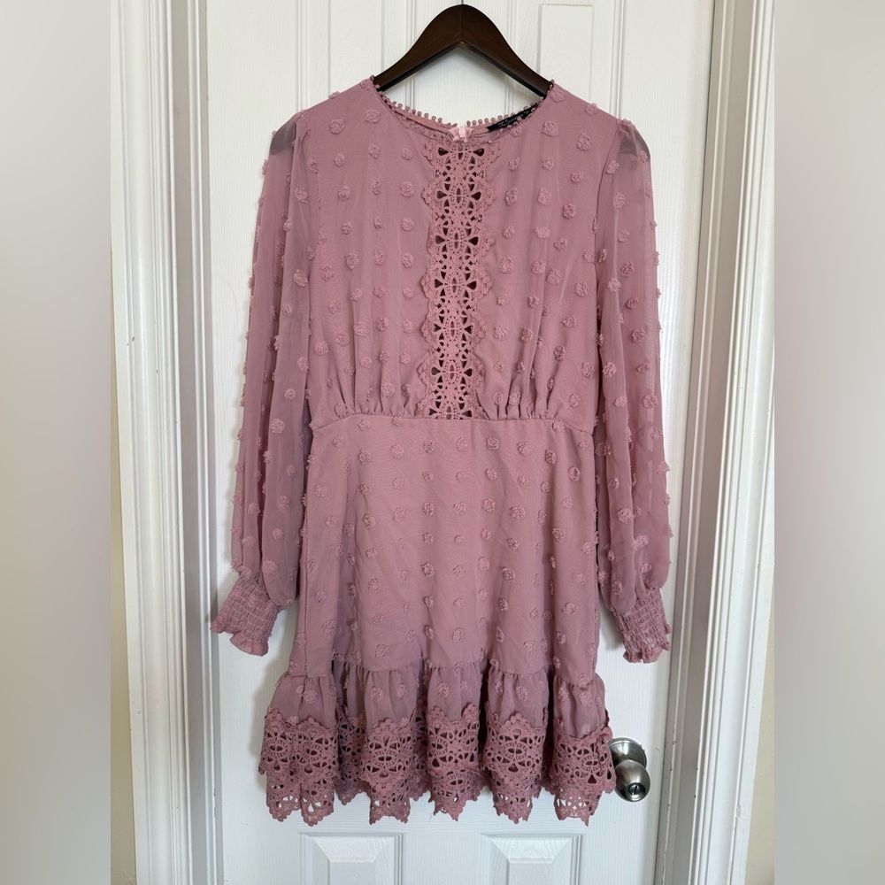 Simplee Pink Swiss Dot Guipure Lace Trim Ruffle Hem Chiffon Mini Dress